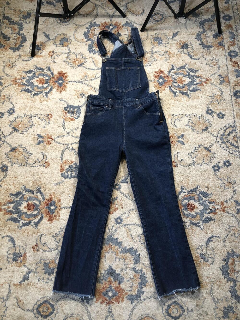 Levi's Overalls Womens 27 Blue Denim Dark Wash WaterLess Raw Hem Embroidered